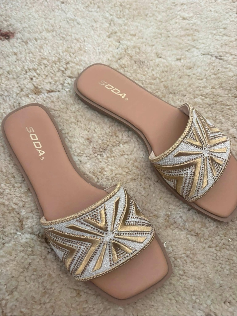 Soda Gold and White Beaded Slide Mules
